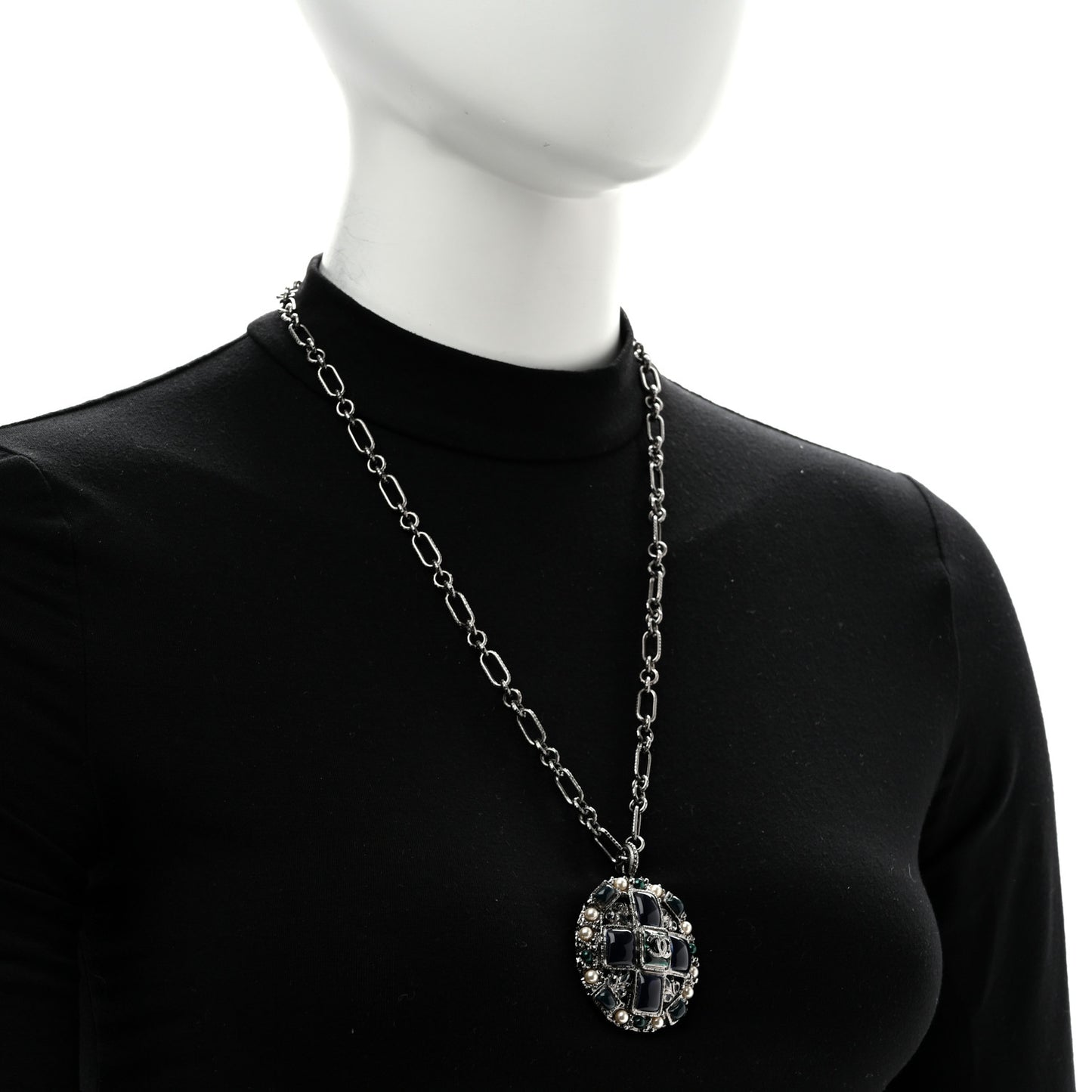 Gripoix Poured Glass Pearl CC Necklace Silver Blue Green White