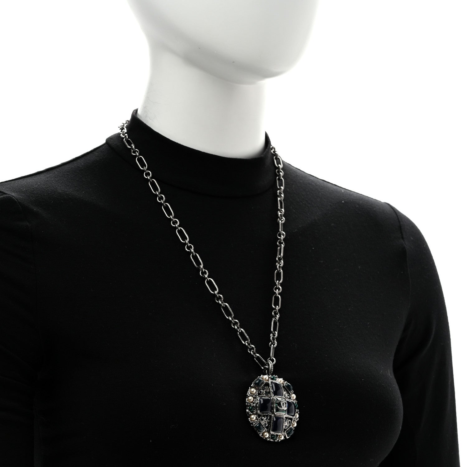 Chanel Gripoix Poured Glass Pearl CC Necklace Silver Blue Green White 2 of 5