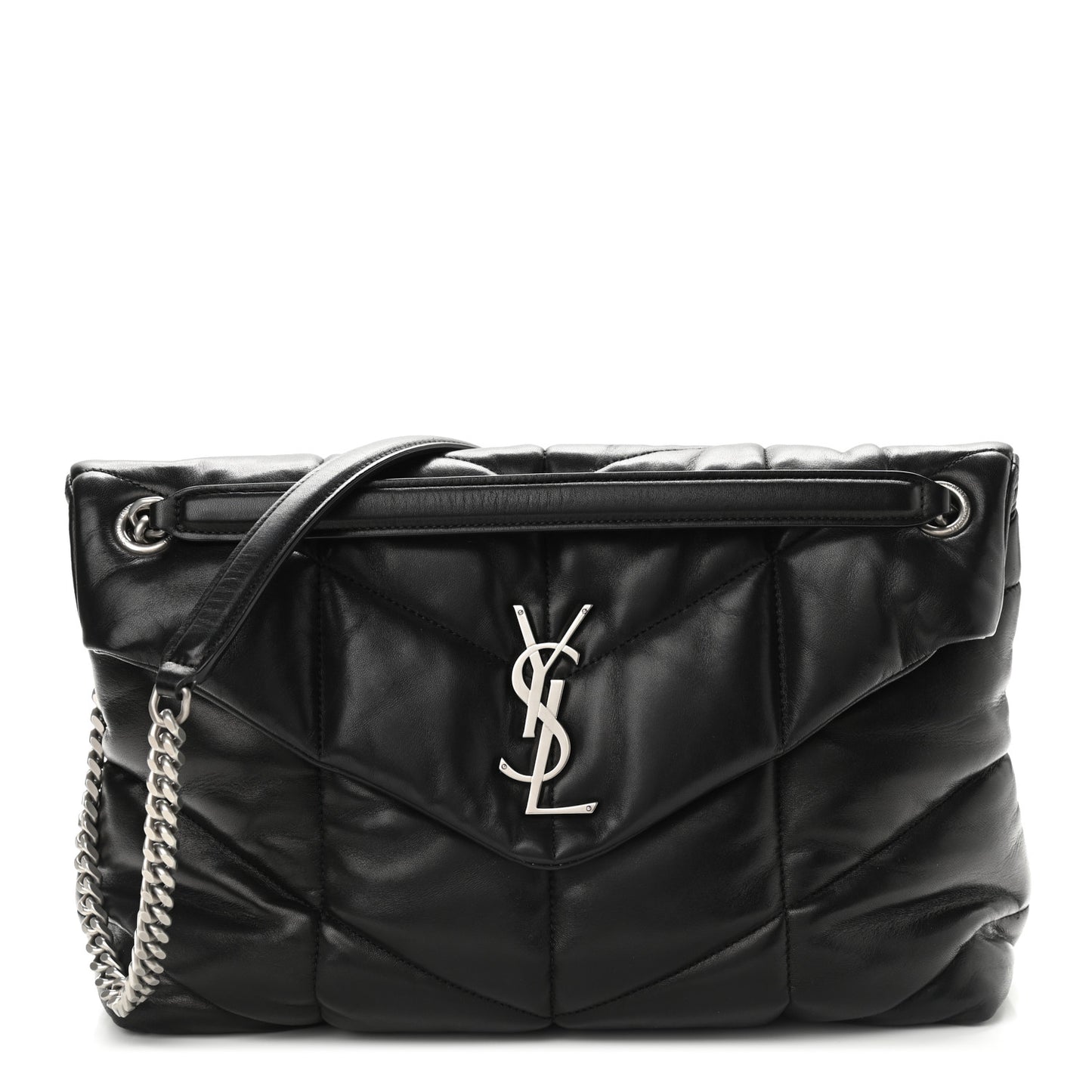 Lambskin Quilted Medium Loulou Puffer Monogram Chain Satchel Black