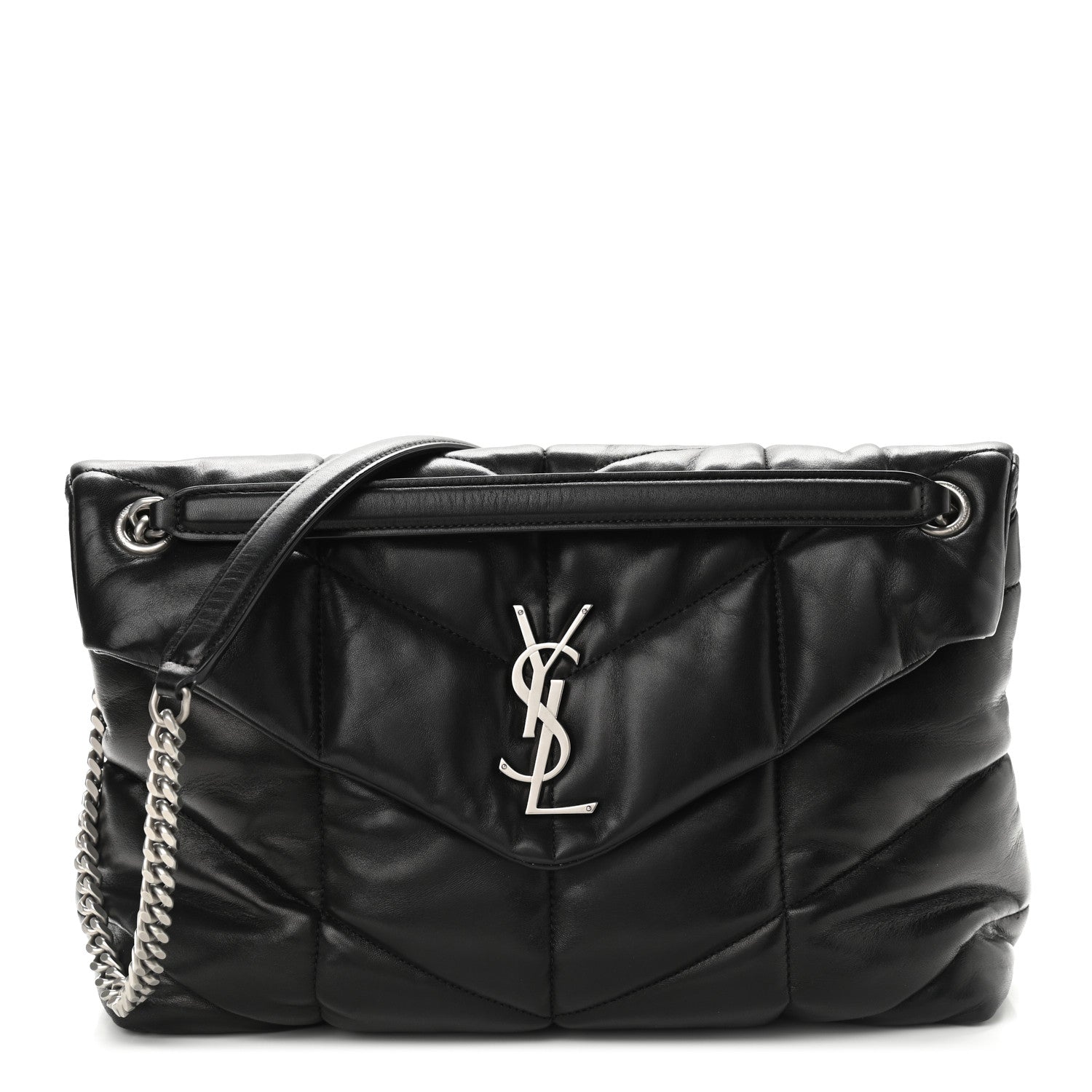 Saint Laurent Lambskin Quilted Medium Loulou Puffer Monogram Chain Satchel Black 1 of 9