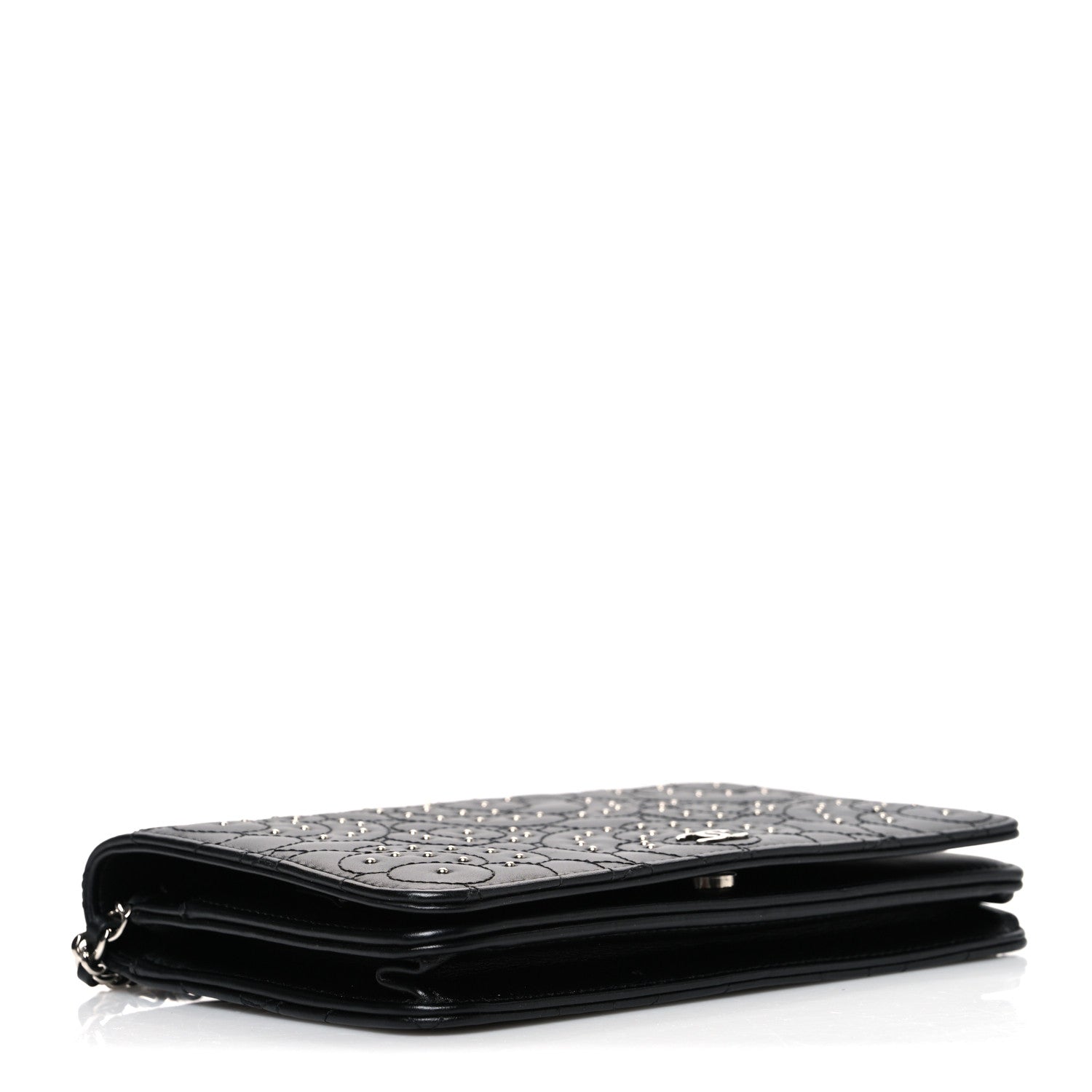 Chanel Lambskin Camellia Studded Wallet on Chain WOC Black 4 of 11
