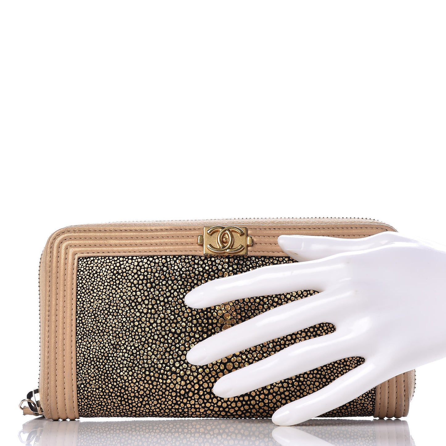 Metallic Galuchat Stingray Lambskin Boy Zip Around Wallet Gold