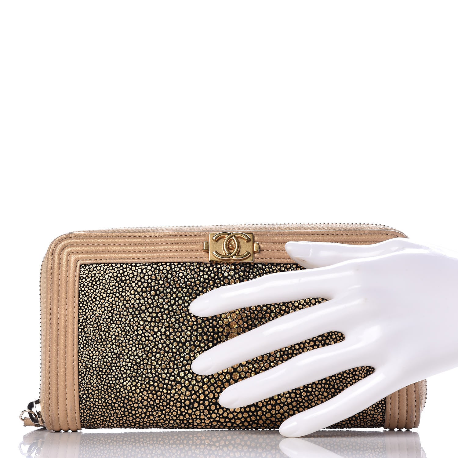 Chanel Metallic Galuchat Stingray Lambskin Boy Zip Around Wallet Gold 2 of 11
