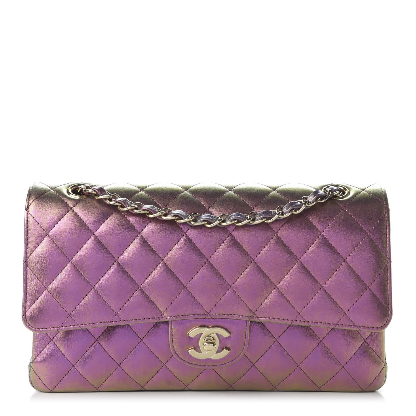 Iridescent Lambskin Quilted Medium Double Flap Purple