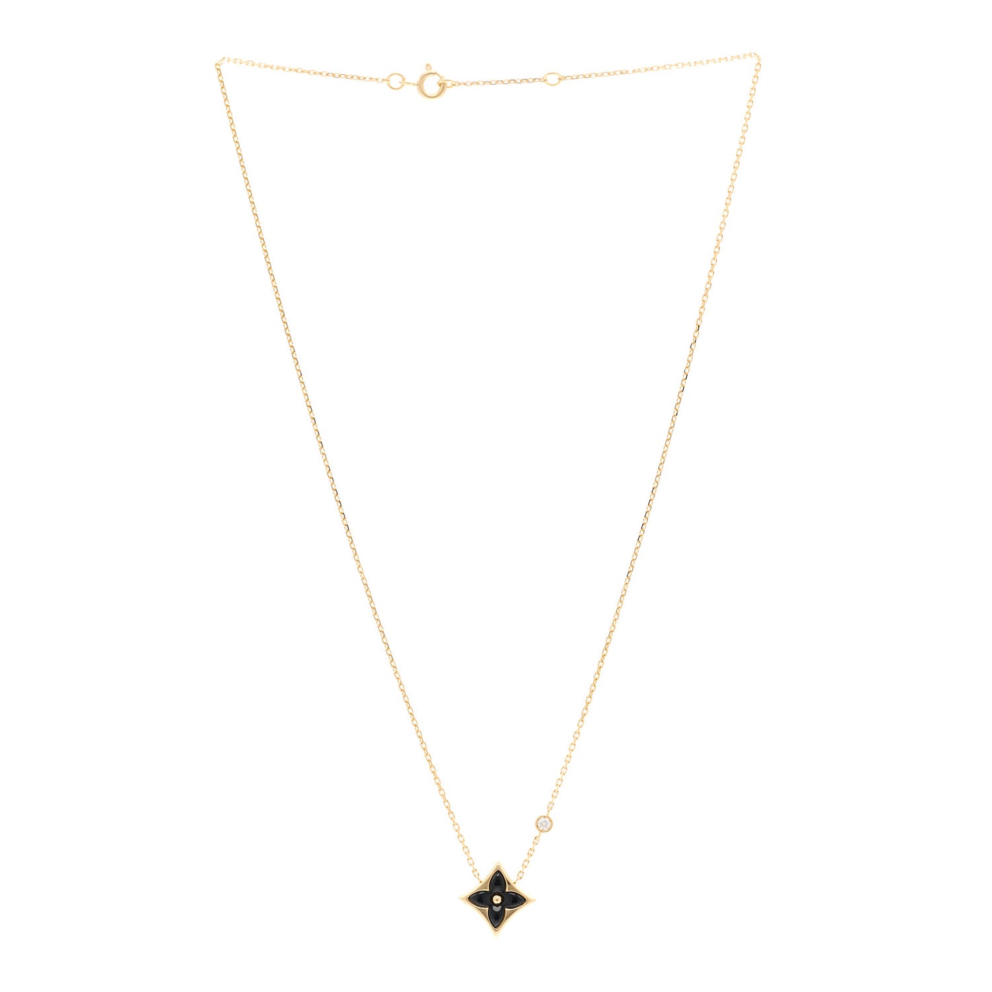 18K Yellow Gold Diamond Black Onyx Color Blossom BB Star Pendant Necklace