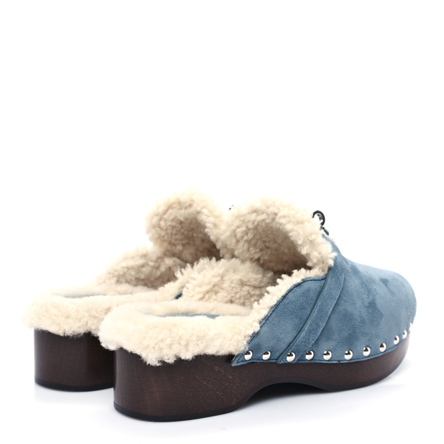 Hermes Suede Goatskin Woolskin Carlotta Mules 36 Bleu Pinede 4 of 8