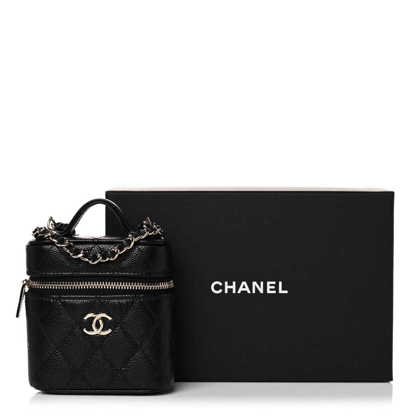 Caviar Quilted Small Handle With Care Vanity Case With Chain Black