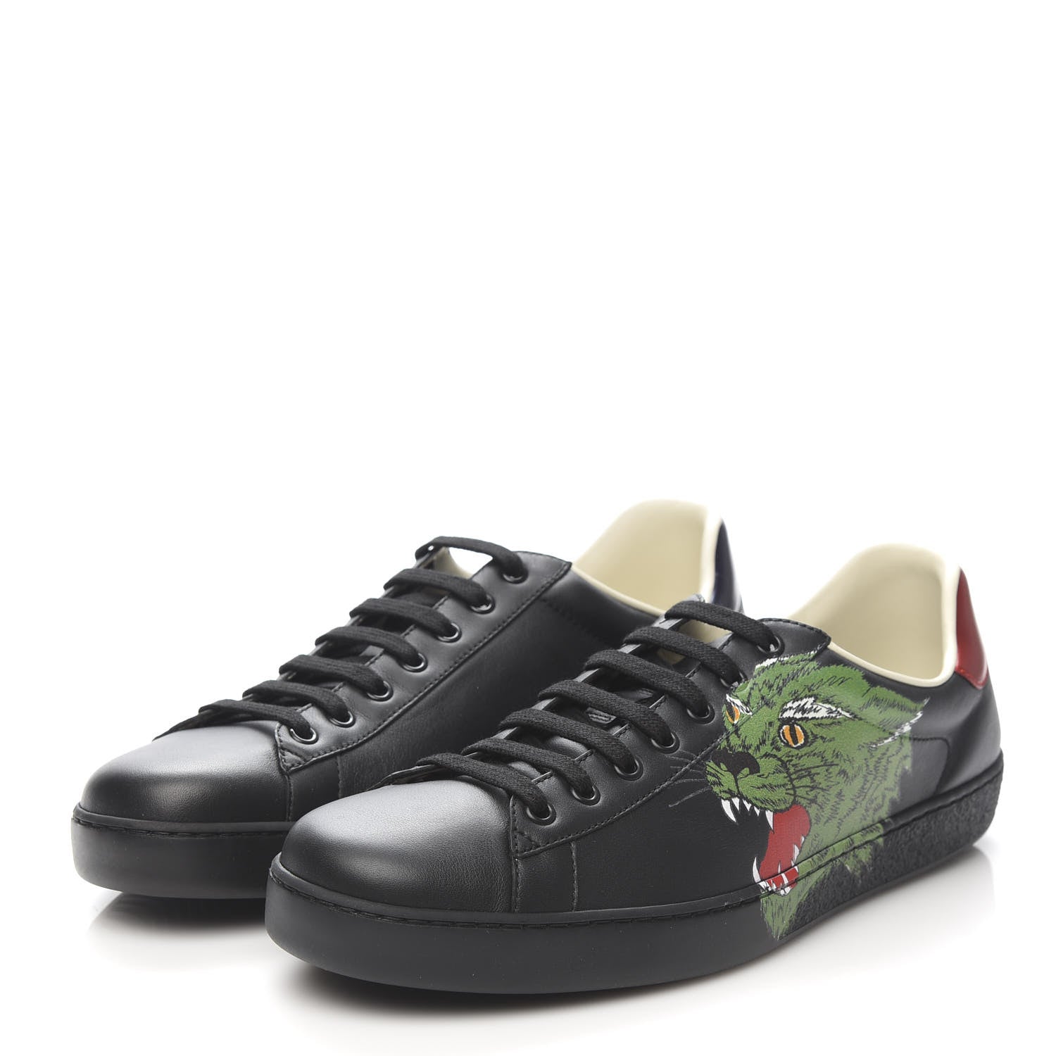 Gucci Calfskin Green Panther Print Mens Ace Sneakers 10 Black 3 of 10