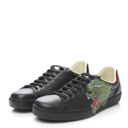 Gucci Calfskin Green Panther Print Mens Ace Sneakers 10 Black 3 of 10