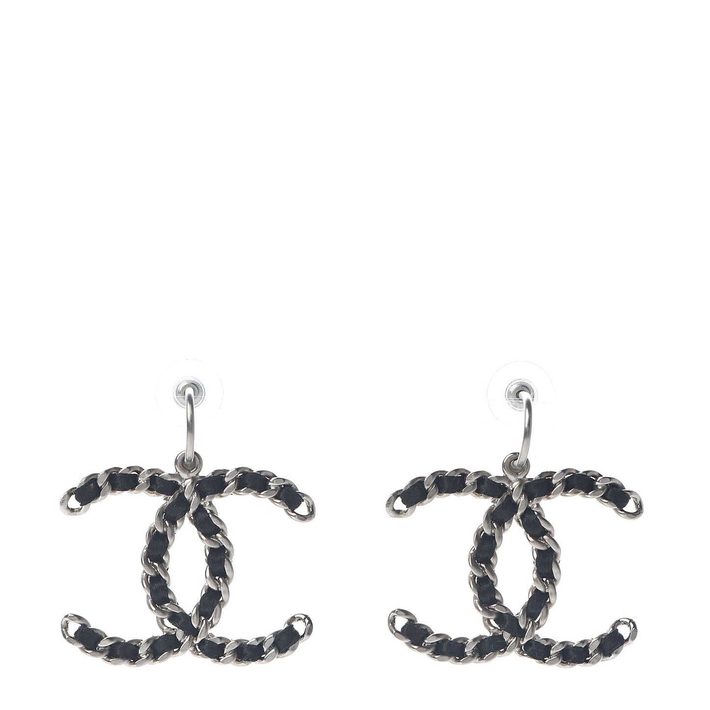 Satin CC Chain Earrings Silver Black