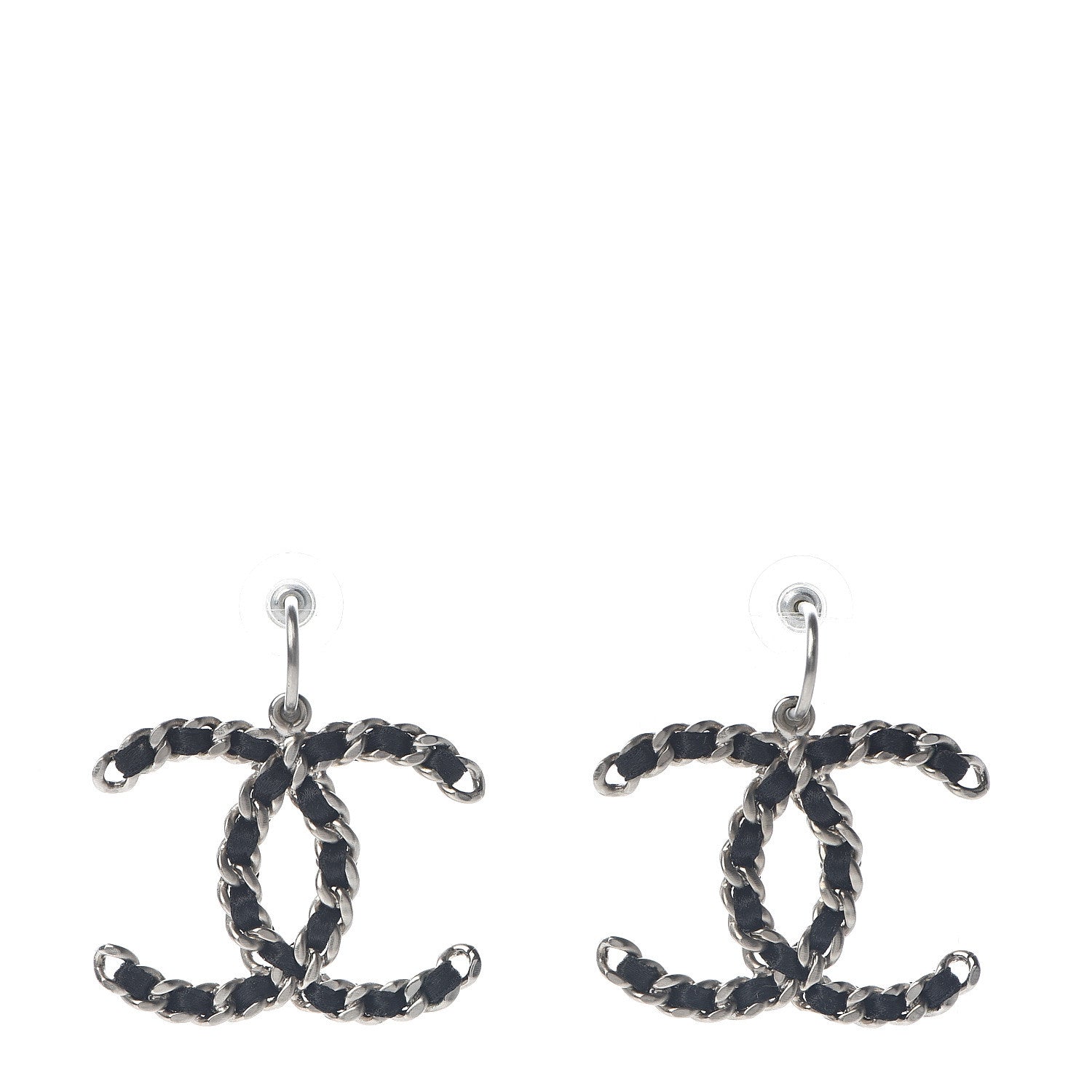 Chanel Satin CC Chain Earrings Silver Black 1 of 4