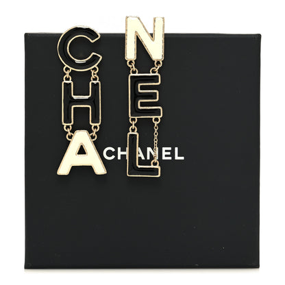 Chanel Metal Enamel Cha-Nel Logo Drop Earrings Black White 5 of 5