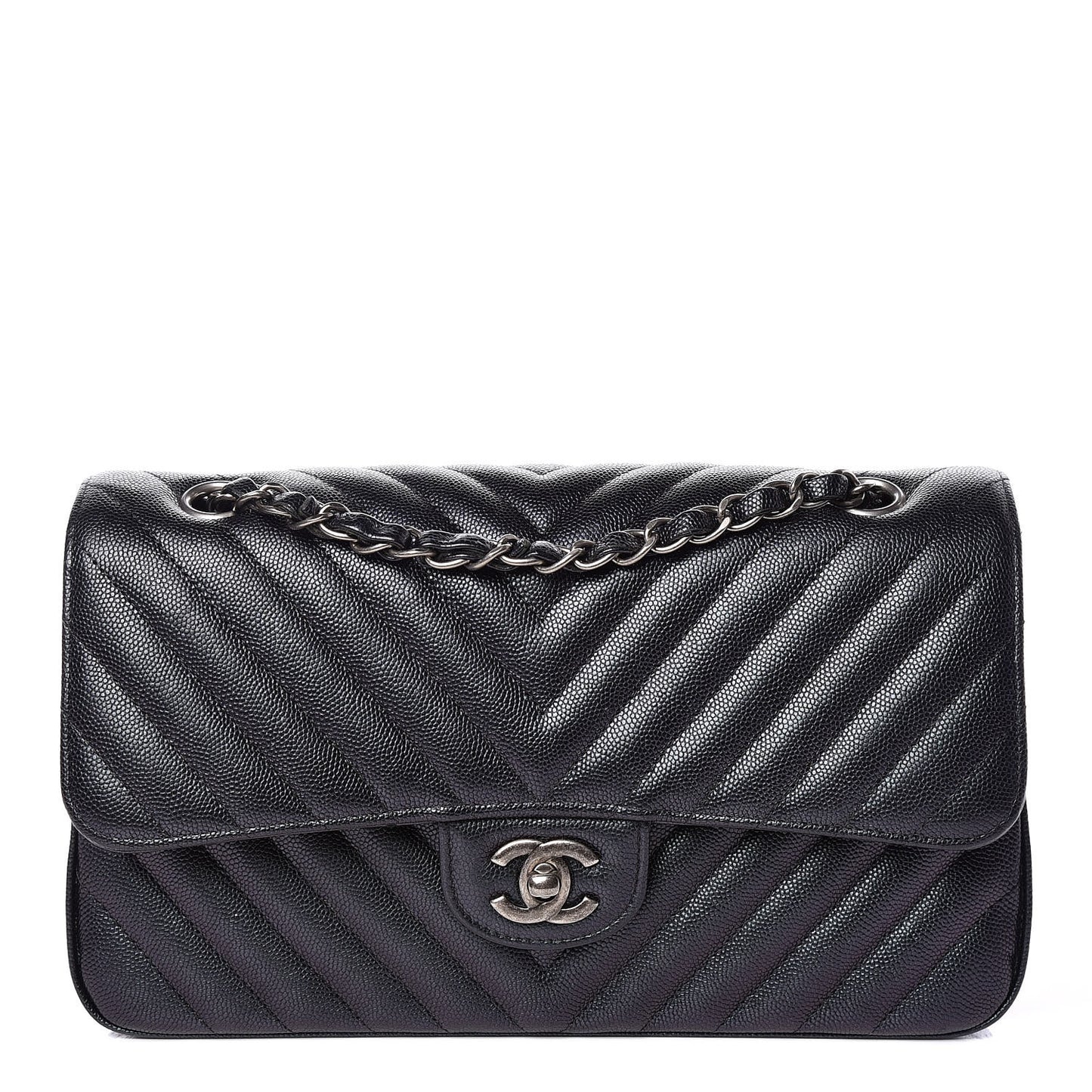 Iridescent Caviar Chevron Quilted Medium Double Flap Black