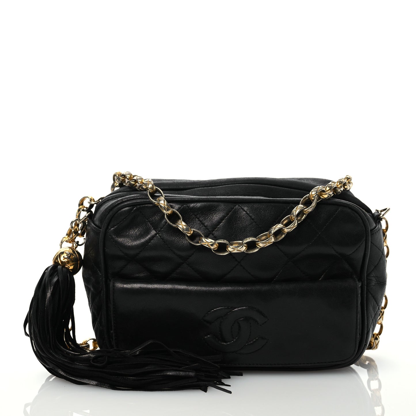 Lambskin Quilted Tassel Camera Case Black