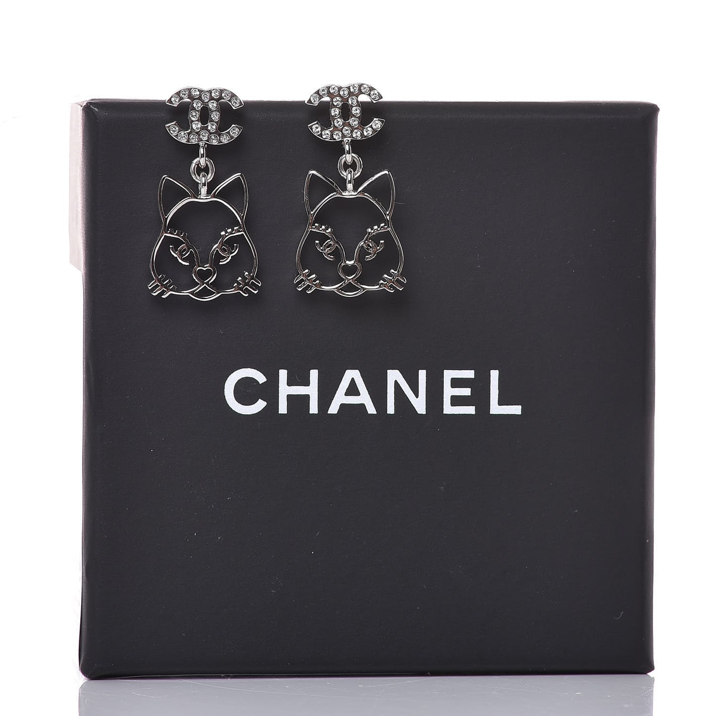 Crystal Emoji Choupette Cat CC Earrings Silver