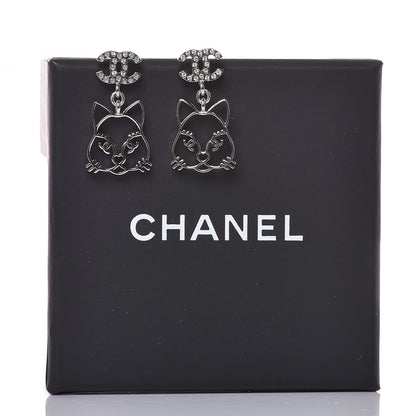 Chanel Crystal Emoji Choupette Cat CC Earrings Silver 5 of 5