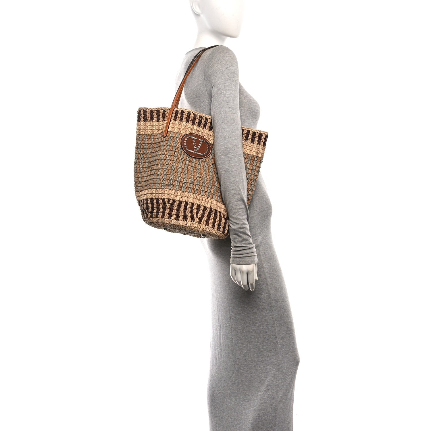 Valentino Garavani Raffia Nappa Medium Vlogo Signature Crochet Bucket Bag Beige Multicolor 2 of 11