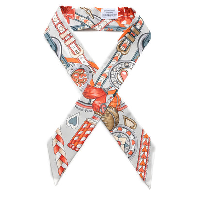 Hermes Silk Harnais De Coeur Twilly Gris Perle Orange Gris Bleute 1 of 3