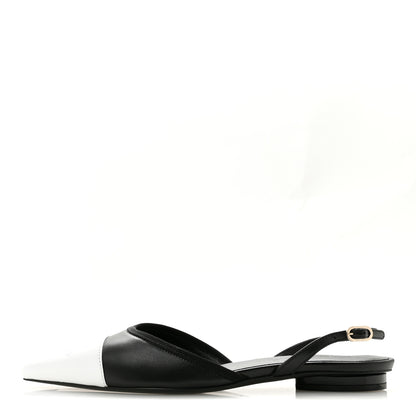 Chanel Iridescent Lambskin Cap Toe CC Slingback Flats 37 Black White 1 of 10