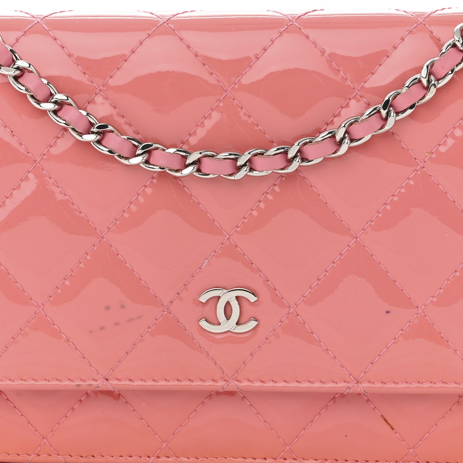 Chanel Patent Quilted Wallet On Chain WOC Coral 10 of 18