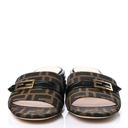 Fendi Jacquard Calfskin FF Crocodile Embossed Promenade Slide Sandals 37 Tobacco Moro Black 2 of 4