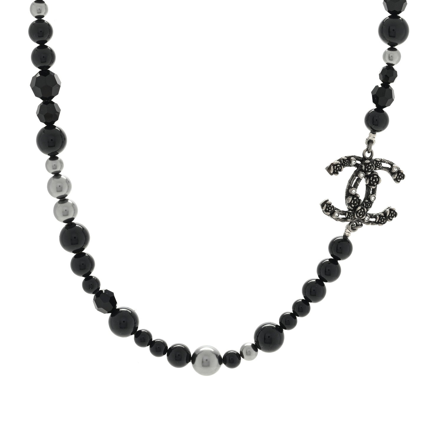 Chanel Pearl Crystal CC Camellia Necklace Ruthenium Black 1 of 3