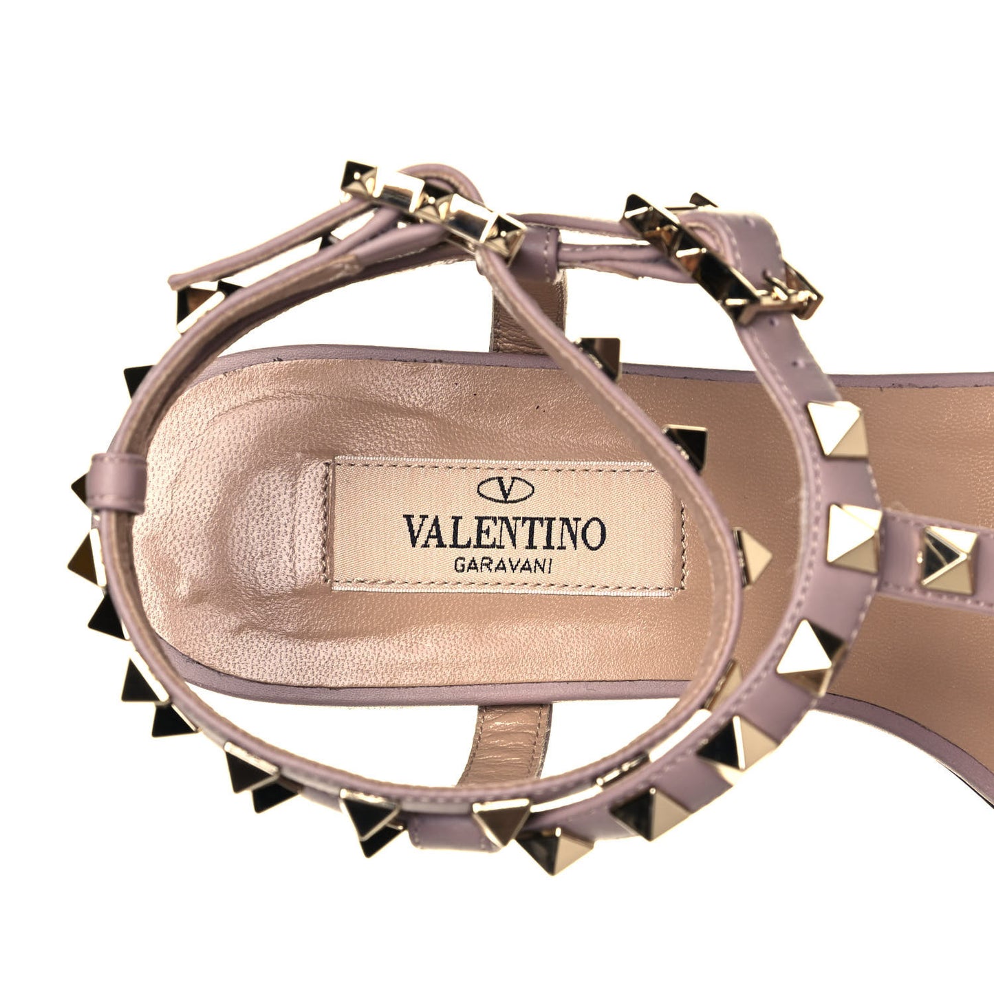 Calfskin Rockstud Ankle T-Strap Flat Sandals 36 Poudre