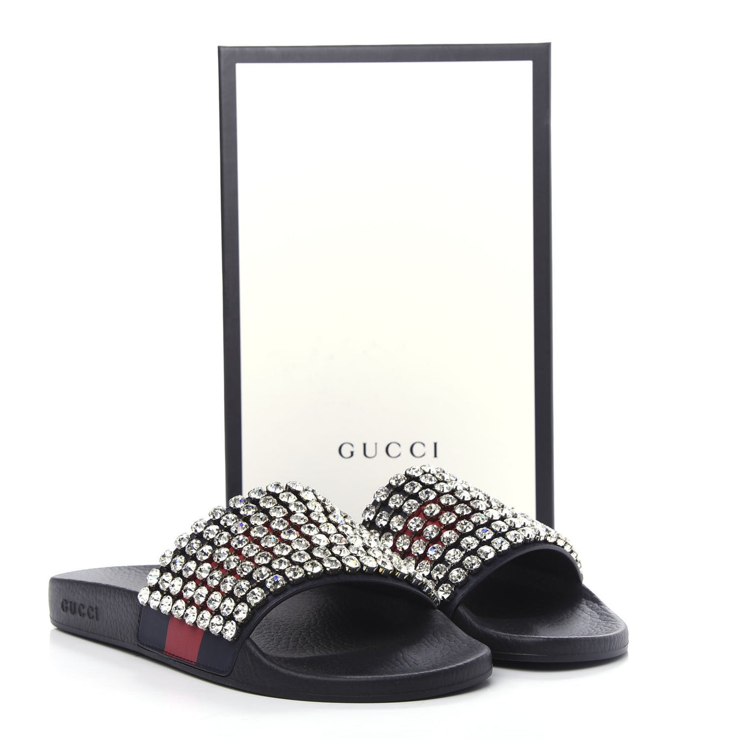Calfskin Crystal Embellished Web Slide Sandals 42 Blue Red
