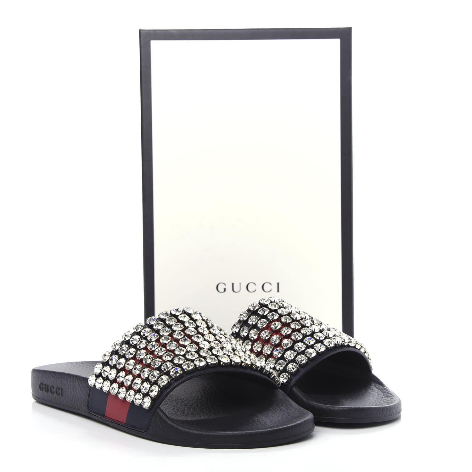 Gucci Calfskin Crystal Embellished Web Slide Sandals 42 Blue Red 11 of 11
