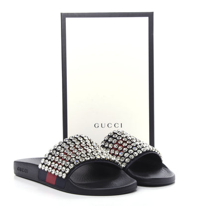 Gucci Calfskin Crystal Embellished Web Slide Sandals 42 Blue Red 11 of 11