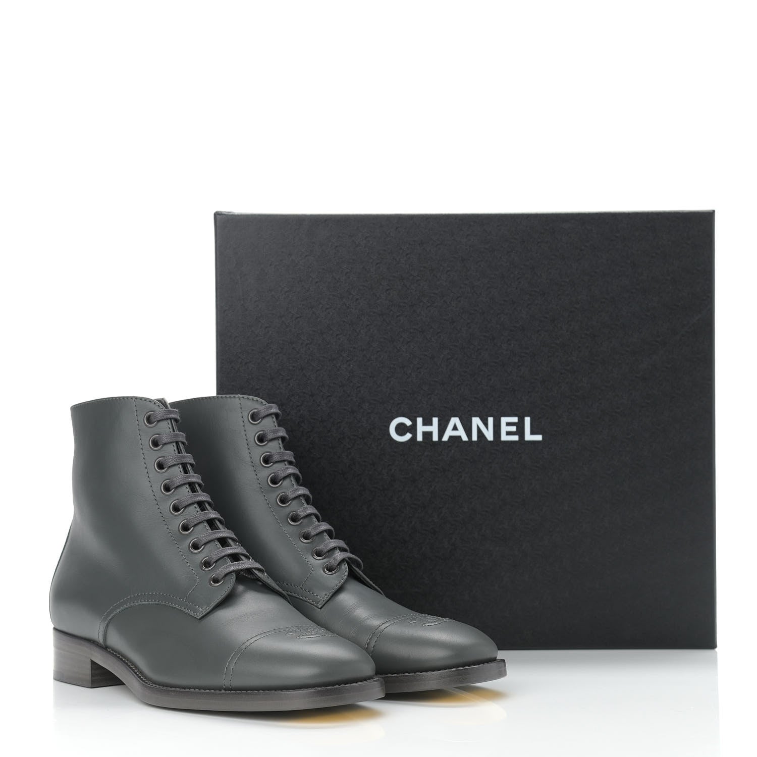 Chanel Calfskin Cap Toe CC Lace Up Boots 37.5 Dark Grey 13 of 13