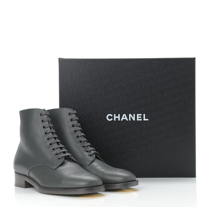 Chanel Calfskin Cap Toe CC Lace Up Boots 37.5 Dark Grey 13 of 13