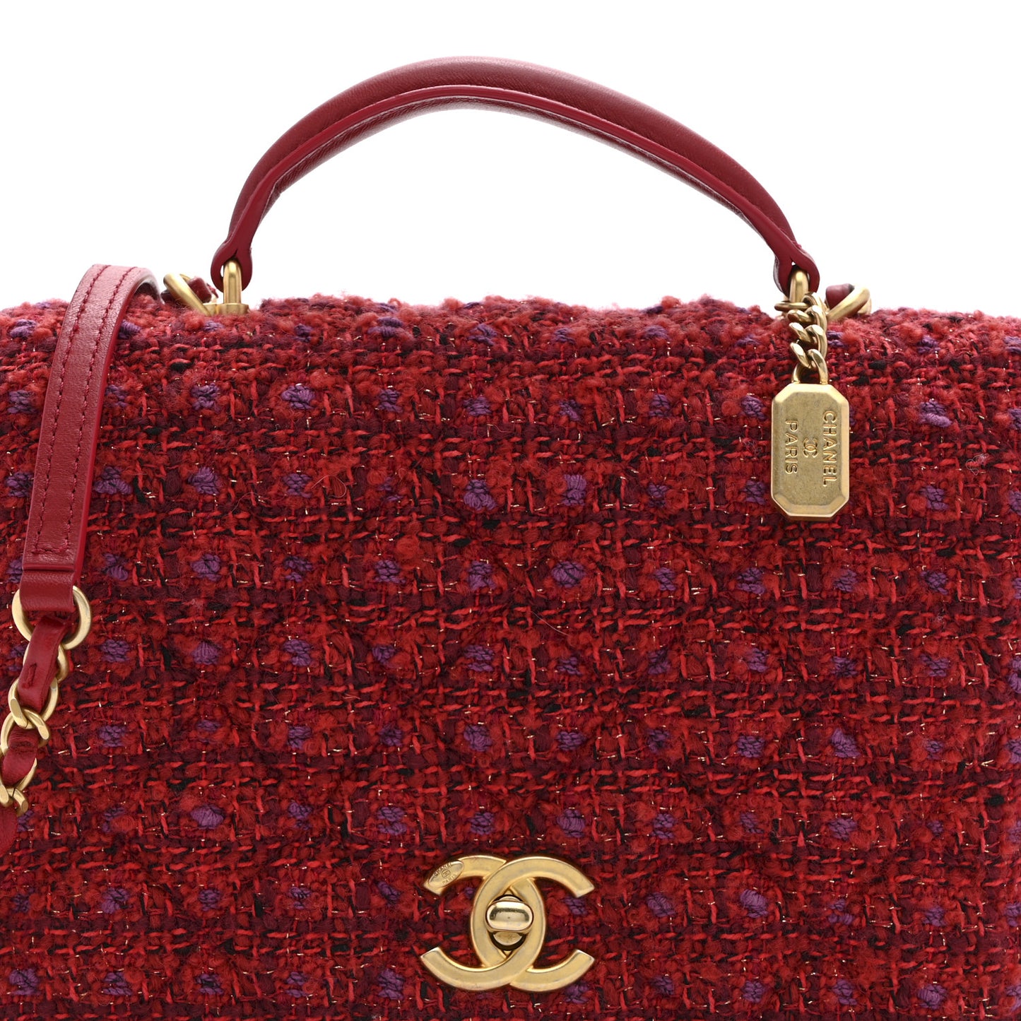 Tweed Lambskin Quilted Top Handle Flap  Red Multicolor