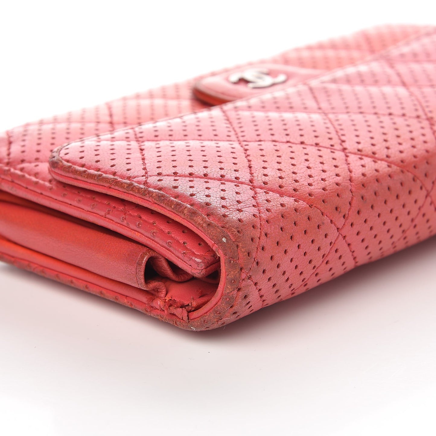 Perforated Lambskin Quilted Flap Wallet Red