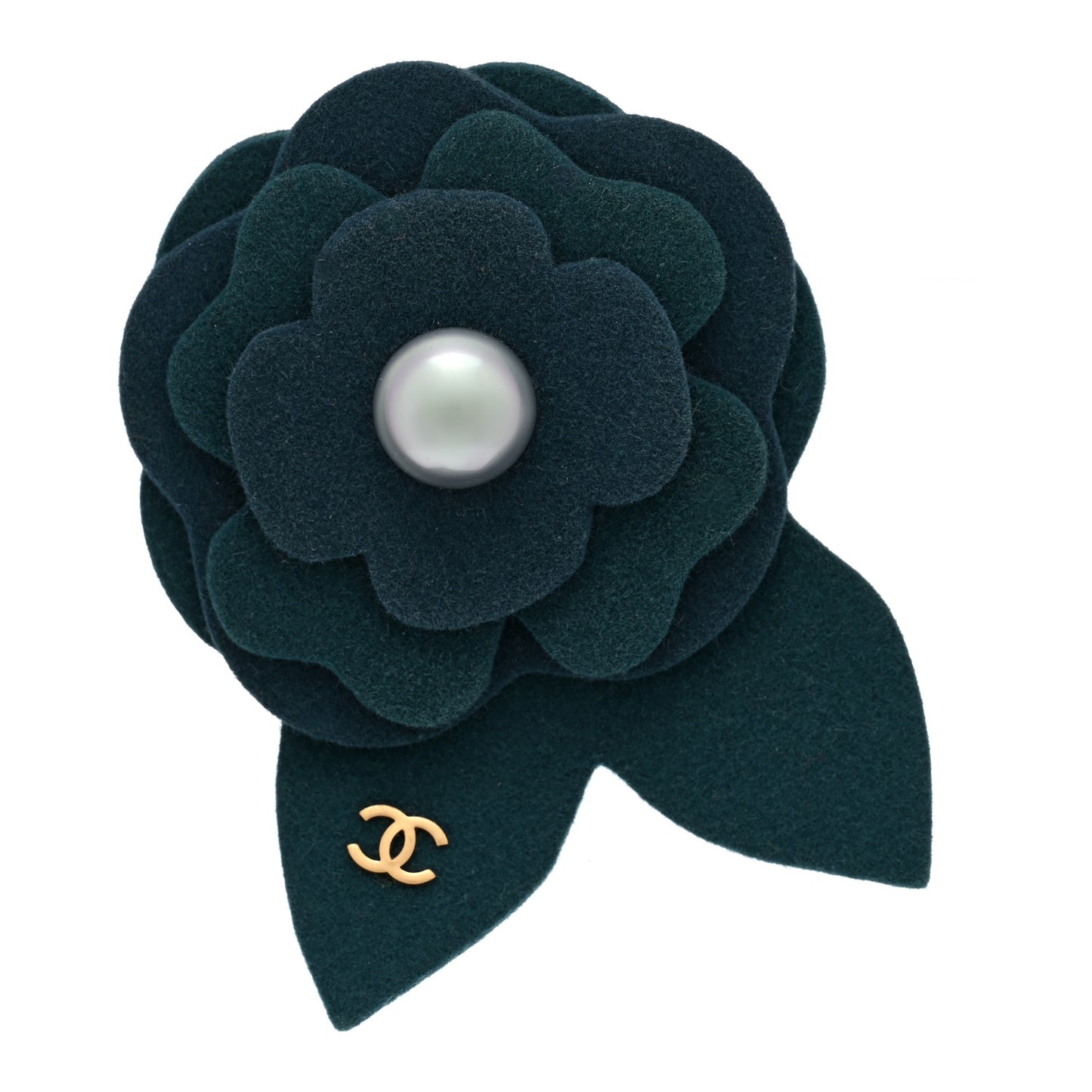 Felt Pearl CC Camellia Brooch Pin Dark Green