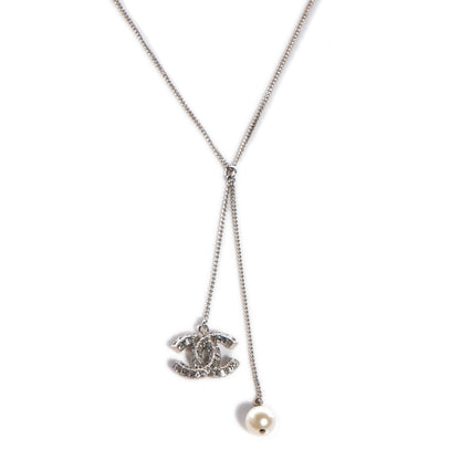 Chanel Crystal Baguette CC Pearl Necklace Silver 1 of 3