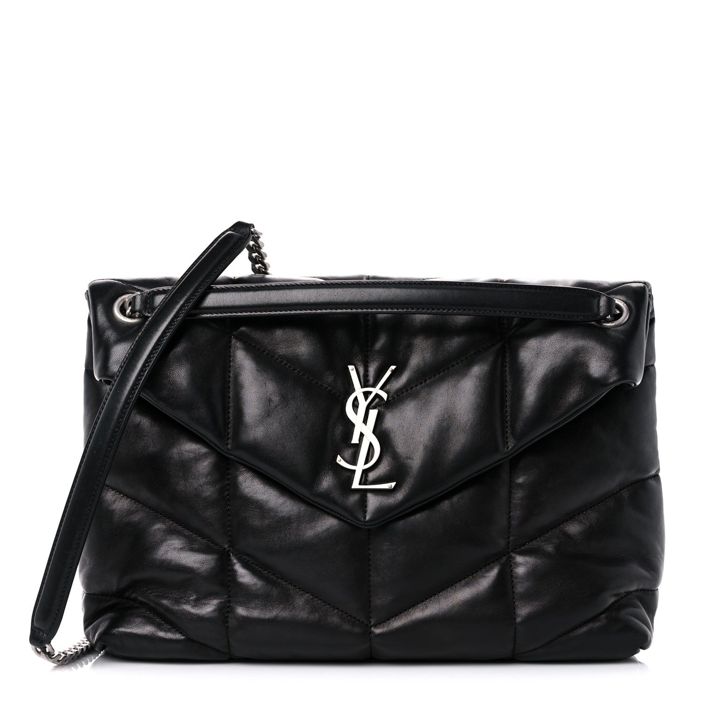 Lambskin Quilted Medium Loulou Puffer Monogram Chain Satchel Black