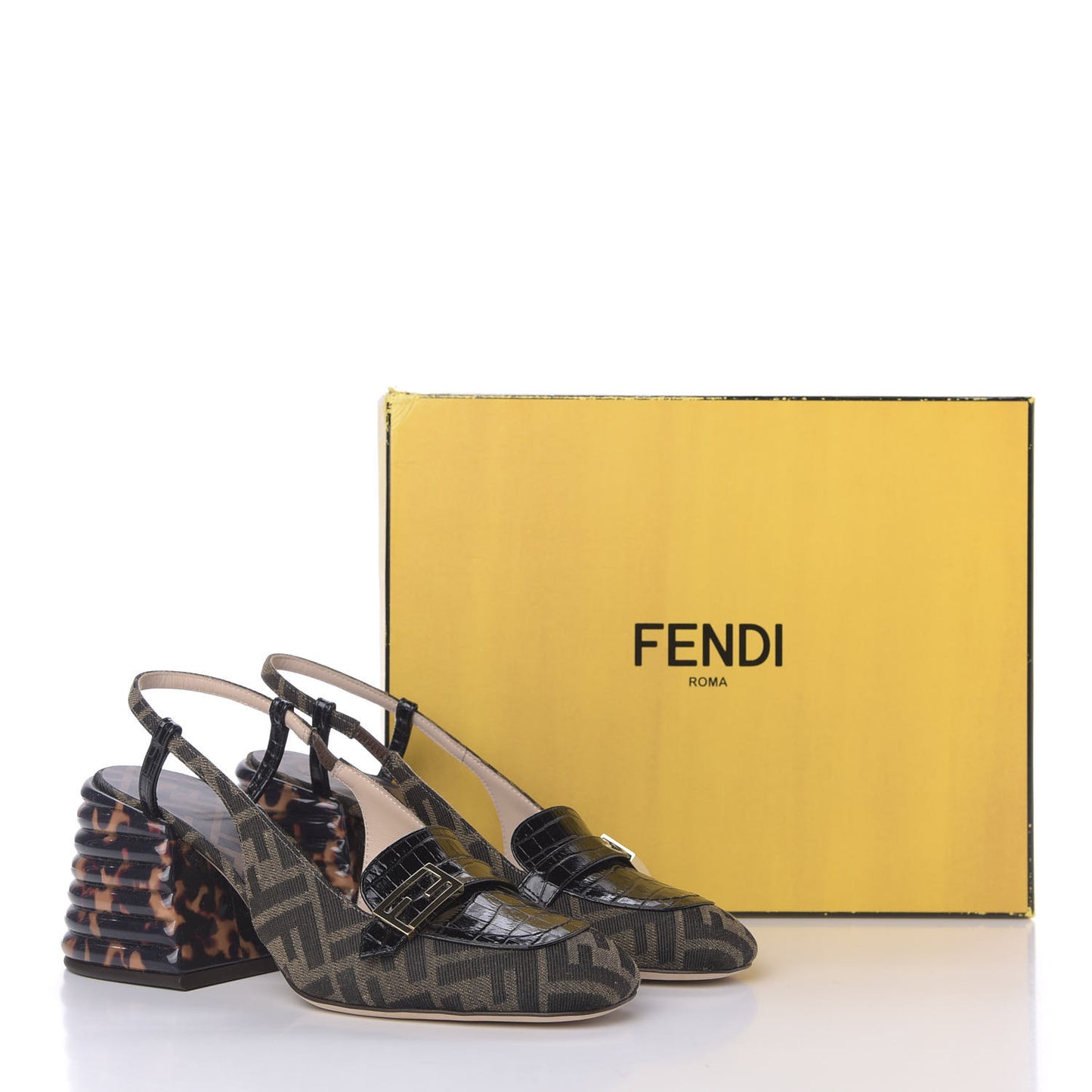 Jacquard Calfskin FF Tortoise Promenade Slingback Loafer Pumps 39.5 Tobacco