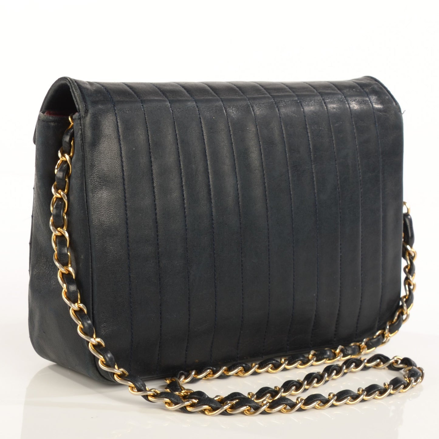 Lambskin Vertical Quilted Small Single Flap Navy Blue