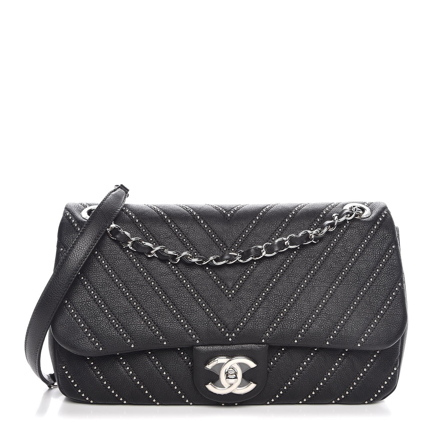 Chanel Calfskin Studded Chevron Quilted Medium Wars Flap Black 1 of 8