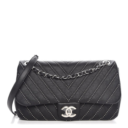 Chanel Calfskin Studded Chevron Quilted Medium Wars Flap Black 1 of 8