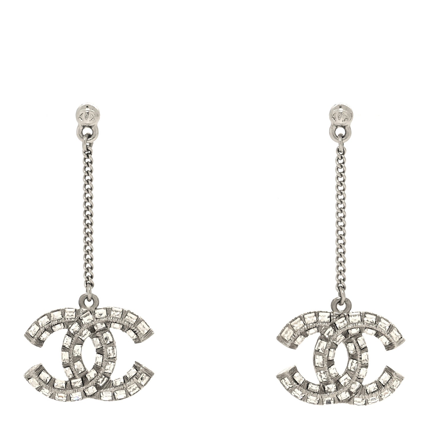Baguette Crystal CC Drop Earrings Silver