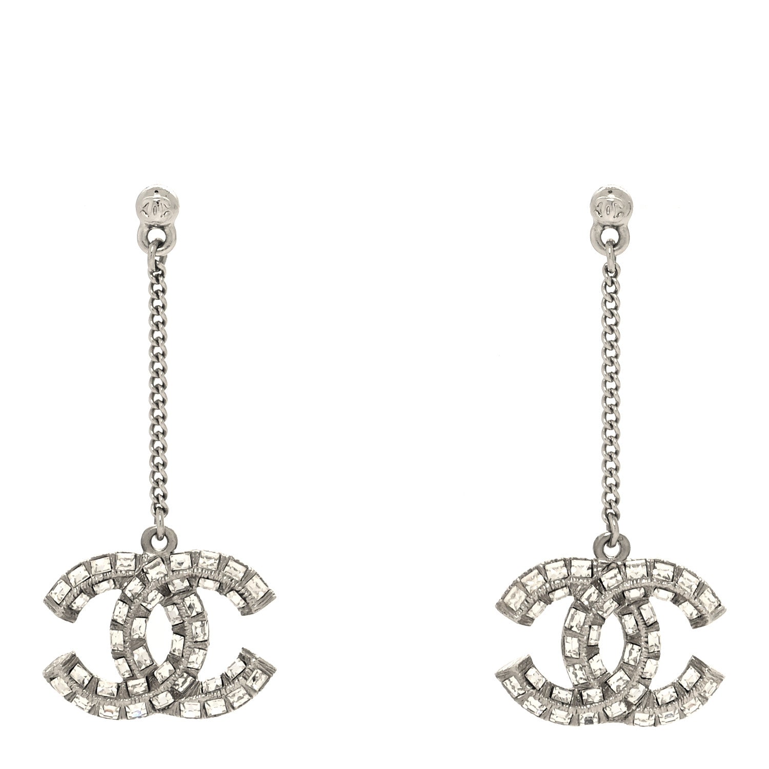 Chanel Baguette Crystal CC Drop Earrings Silver 1 of 4
