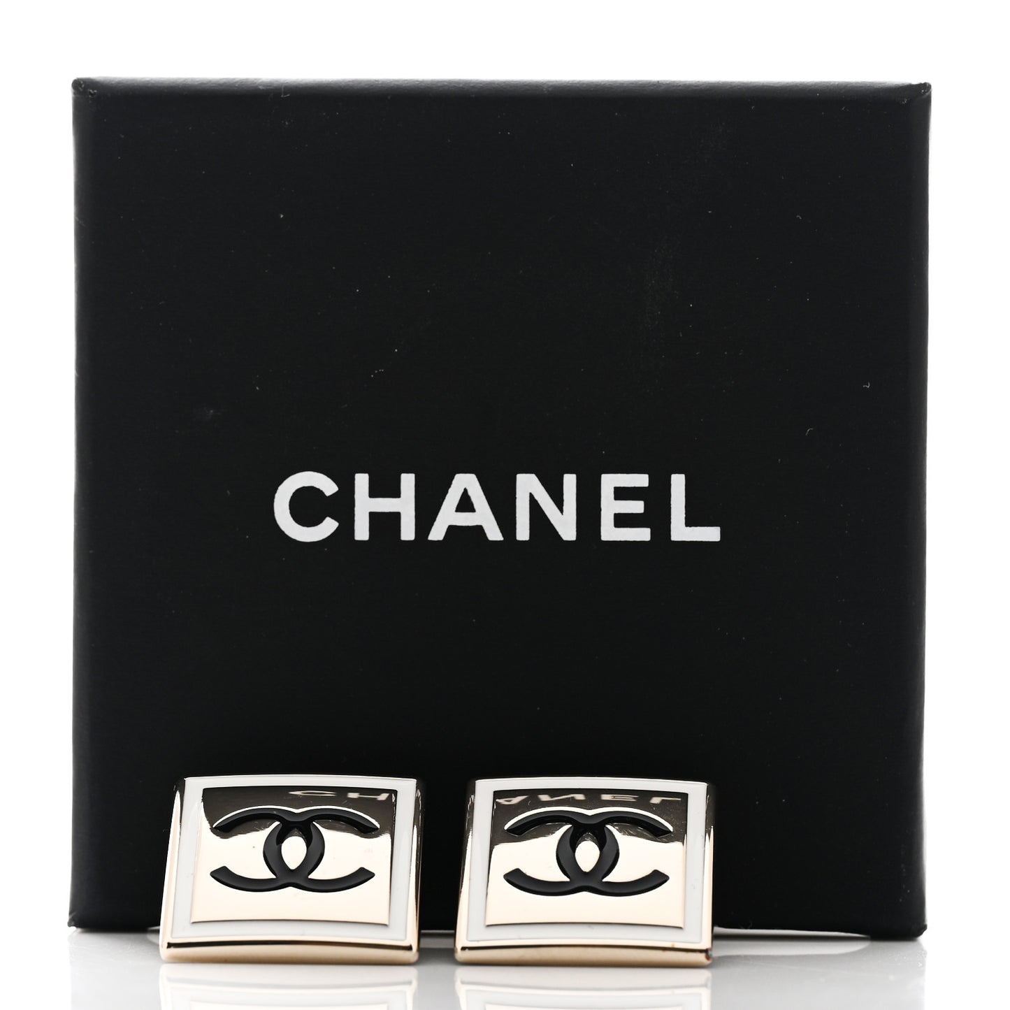 Metal Enamel CC Square Earrings Gold Black White