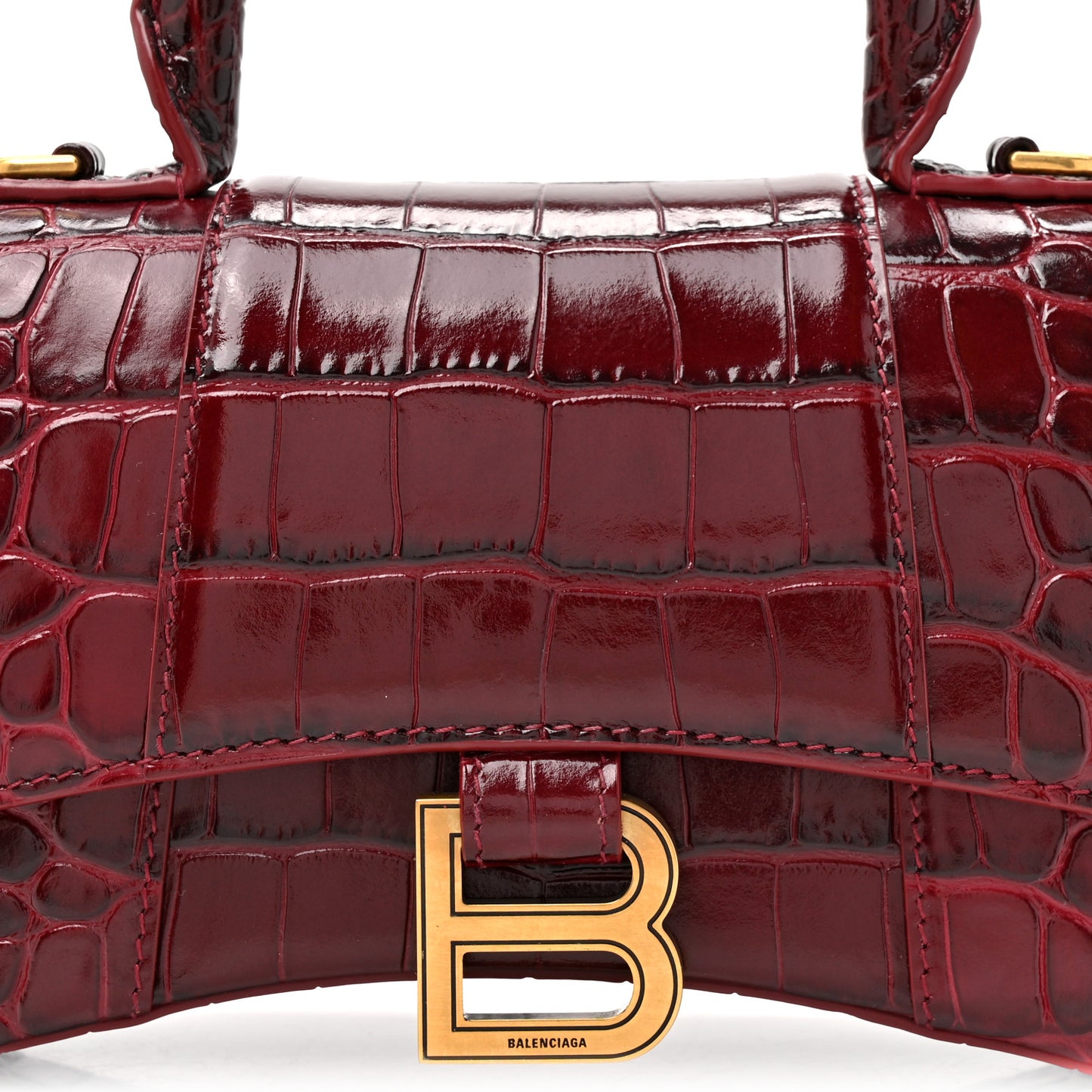 Shiny Calfskin Crocodile Embossed Hourglass Top Handle Bag XS Dark Red