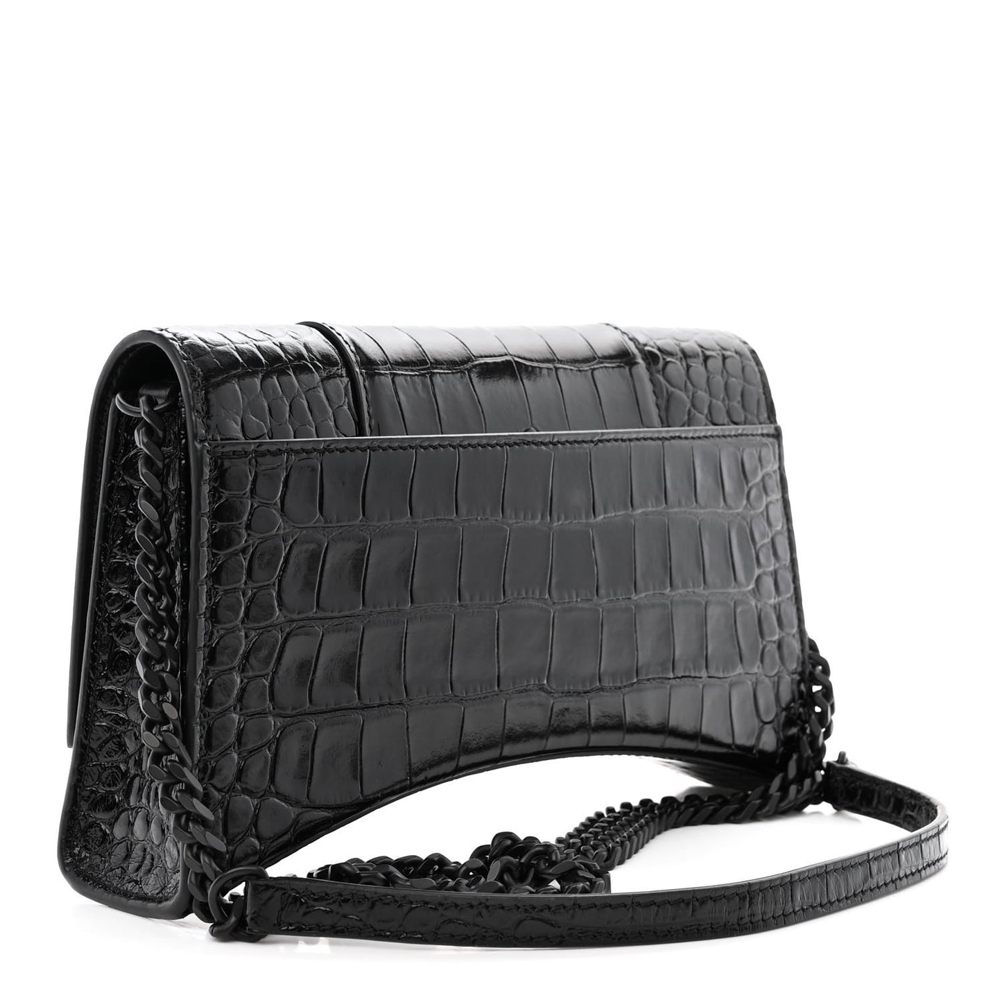 Shiny Calfskin Monochrome Crocodile Embossed Small Hourglass Evening Chain Bag Black
