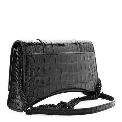 Balenciaga Shiny Calfskin Monochrome Crocodile Embossed Small Hourglass Evening Chain Bag Black 3 of 10