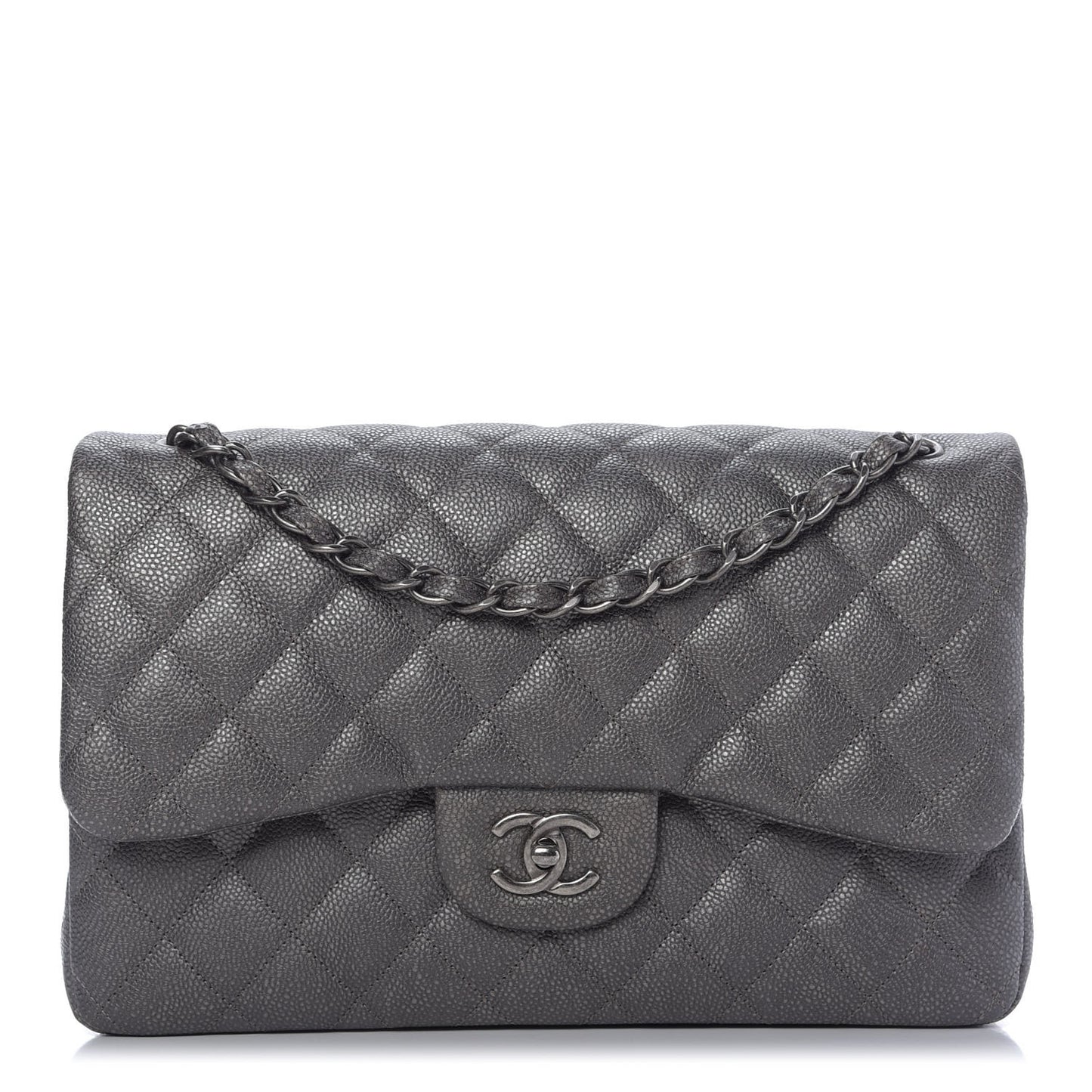 Metallic Caviar Quilted Jumbo Double Flap Dark Silver