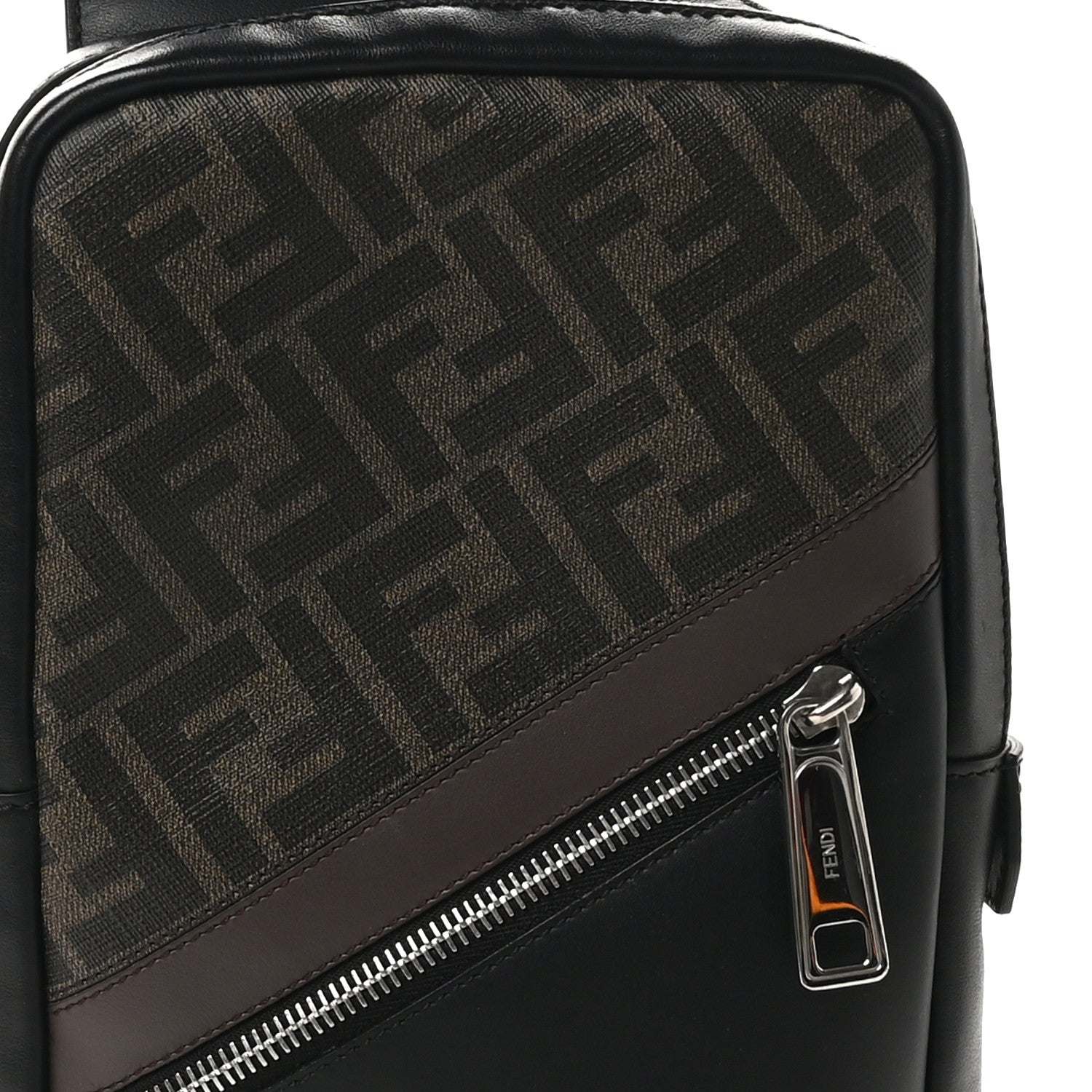 Fendi Glazed Fabric Vitello Liberty FF 1974 Diagonal Sling Bag Tobacco Moresco Black 8 of 12