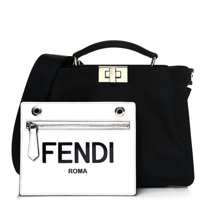 Fendi Nylon Vitello Cover Logo Embossed Mini Peekaboo I SEE U Satchel Black White 1 of 11